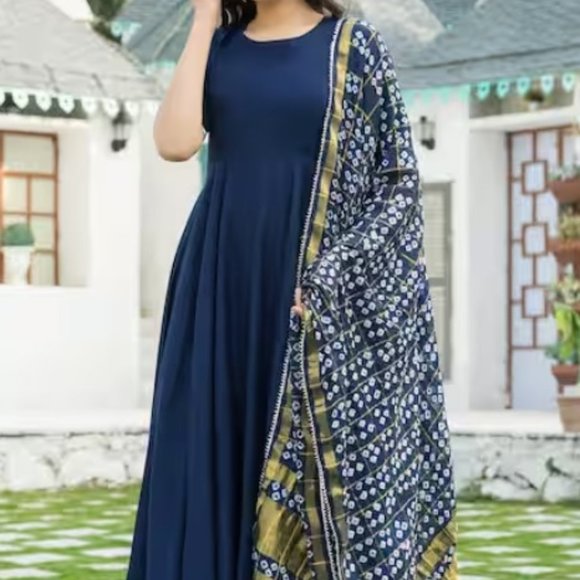 Navy Rayon Anarkali set - Picture 1 of 3